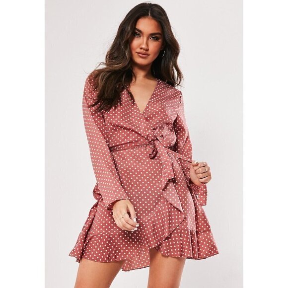 NWT Missguided Sz 2 Wrap Front Ruffled Dot Tea Dress Belt Silky Pink Brown xs - Picture 4 of 12